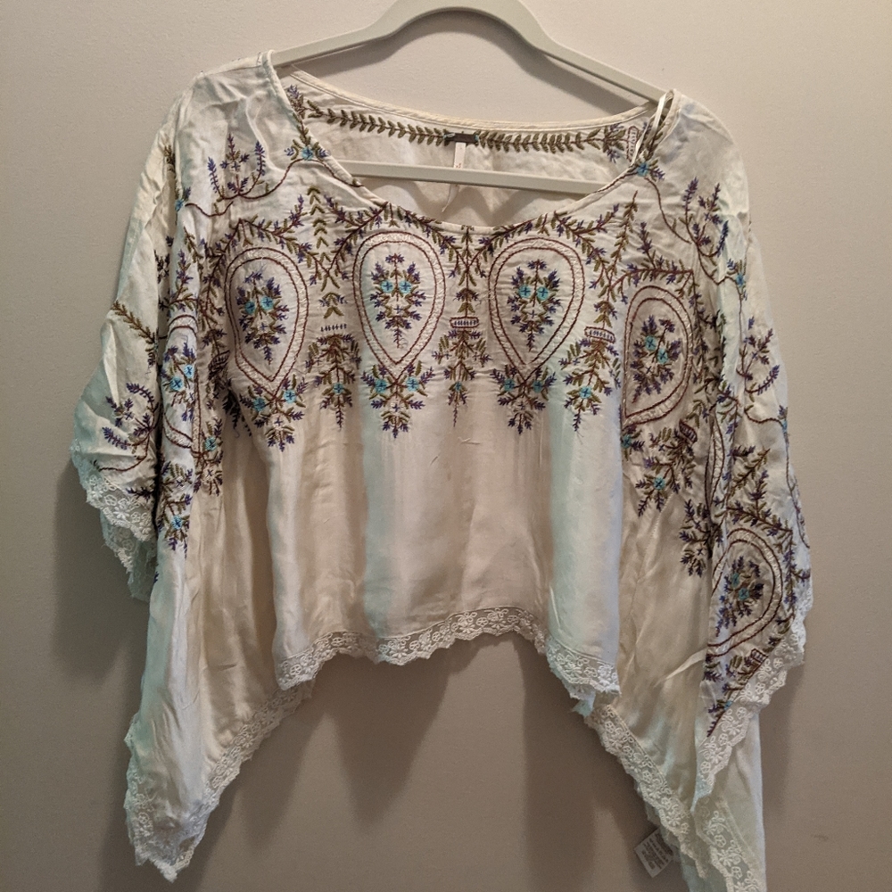 Free People White Floral Embroidered Blouse